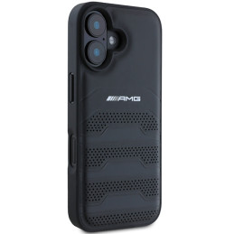 Etui AMG Leather Debossed Lines Black Logo do iPhone 16, czarne