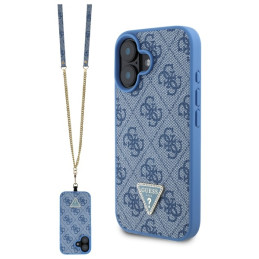 Etui Guess Leather Metal Logo Strass Crossbody do iPhone 16, niebieskie