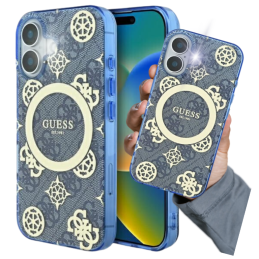 Etui Guess IML Peony On 4G Background MagSafe do iPhone 16, niebieskie