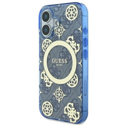 Etui Guess IML Peony On 4G Background MagSafe do iPhone 16, niebieskie