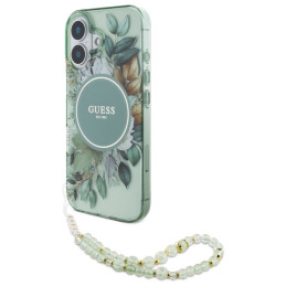 Etui Guess IML Flowers With Pearl Strap MagSafe do iPhone 16, zielony/green