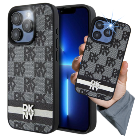 Etui DKNY Leather Checkered Mono Pattern & Printed Stripes do iPhone 15 Pro, czarne