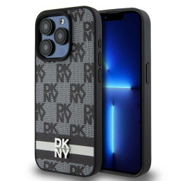 Etui DKNY Leather Checkered Mono Pattern & Printed Stripes do iPhone 15 Pro, czarne