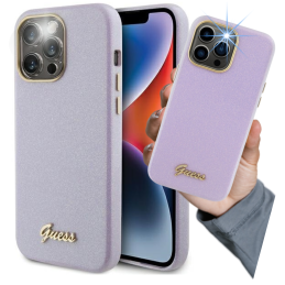 Etui Guess Glitter Glossy Script do iPhone 15 Pro, liliowy/lilac
