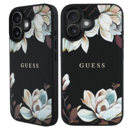 Etui Guess Grained Printed Flower Pattern MagSafe do iPhone 16, czarny