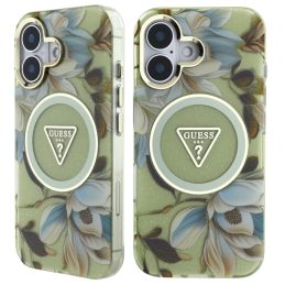 Etui Guess Glitter Flowers Triangle Buttons MagSafe do iPhone 16, zielony