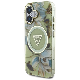 Etui Guess Glitter Flowers Triangle Buttons MagSafe do iPhone 16, zielony