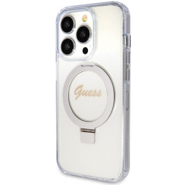 Etui Guess Ring Stand Script Glitter MagSafe do iPhone 15 Pro, przezroczysty/transparent