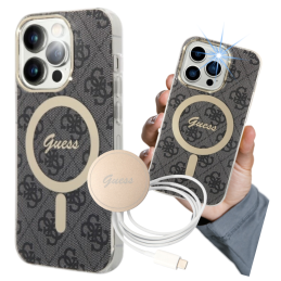 Zestaw Guess 4G Print MagSafe Etui + Ładowarka do iPhone 14 Pro Max, czarne