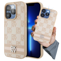 Etui DKNY Leather Checkered Mono Pattern & Printed Stripes do iPhone 14 Pro, różowe