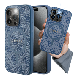 Etui Guess 4G Collection Leather Metal Logo MagSafe do iPhone 14 Pro, niebieskie