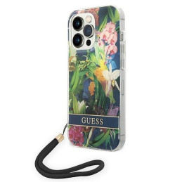 Etui Guess Flower Strap do iPhone 14 Pro, niebieskie