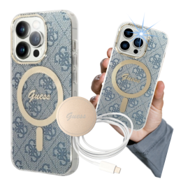Zestaw Guess 4G Print MagSafe Etui + Ładowarka do iPhone 14 Pro, niebieskie