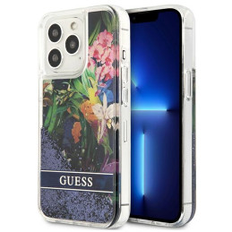 Etui Guess Flower Liquid Glitter do iPhone 13 Pro Max, niebieskie
