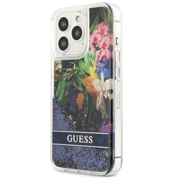 Etui Guess Flower Liquid Glitter do iPhone 13 Pro Max, niebieskie