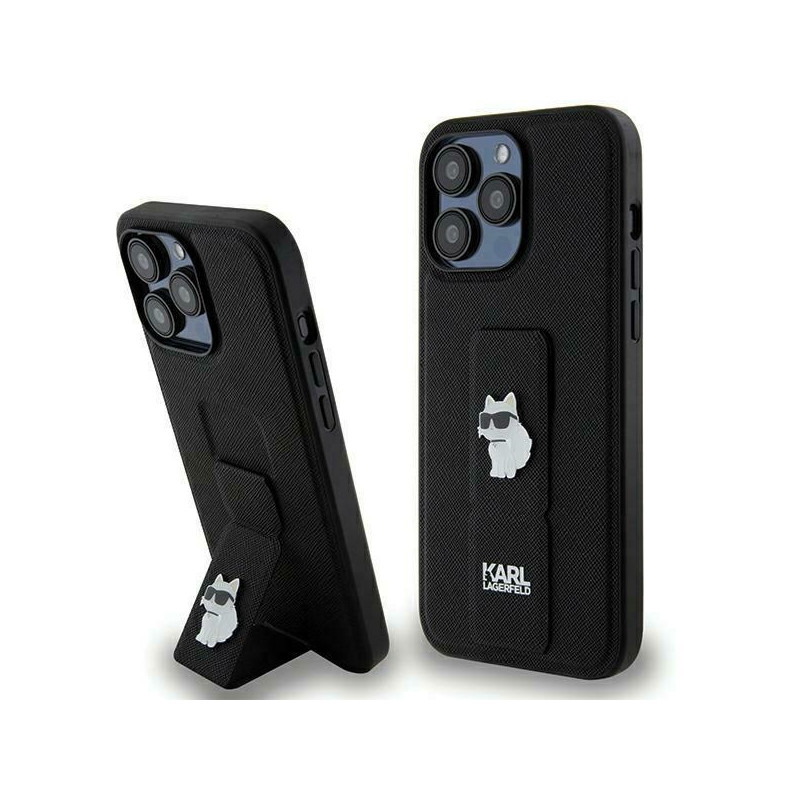 Etui Karl Lagerfeld Gripstand Saffiano Choupette Pins do iPhone 13 Pro / 13, czarne