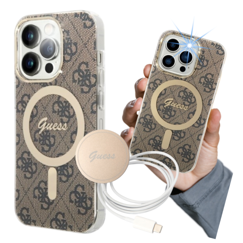 Zestaw Guess 4G Print MagSafe Etui + Ładowarka do iPhone 13 Pro, brązowy/brown