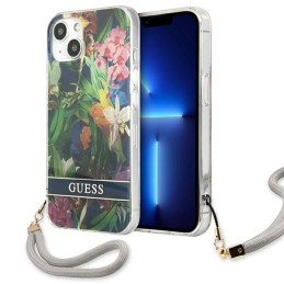 Etui Guess Flower Strap do iPhone 13 mini, niebieskie