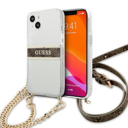 Etui Guess 4G Brown Strap Gold Chain do iPhone 13 mini, transparent