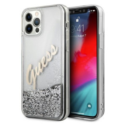 Etui Guess Glitter Vintage Script do iPhone 12 Pro Max, srebrny/silver