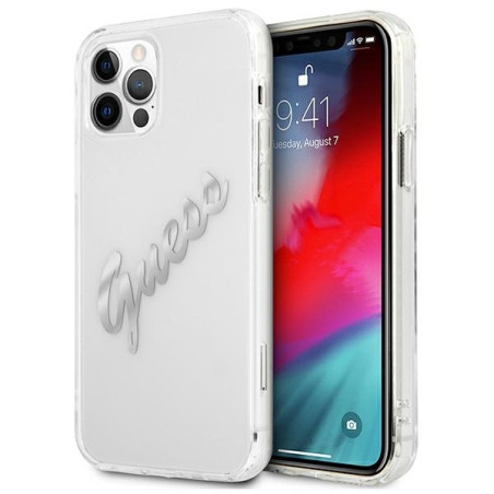 Etui Guess Vintage Script Silver do iPhone 12 Pro Max, Transparent