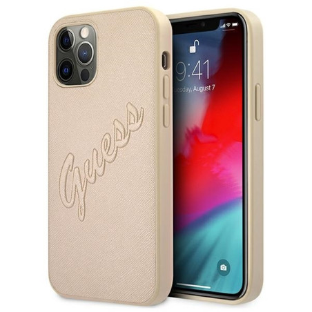 Etui Guess Saffiano Vintage Script do iPhone 12 Pro Max, złote