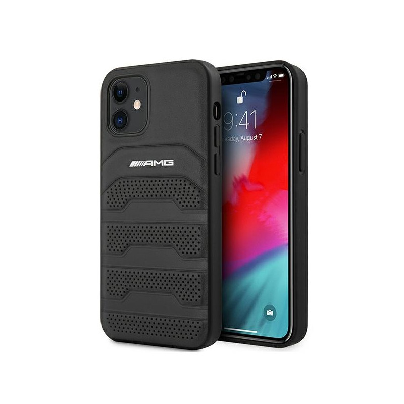 Etui AMG Leather Debossed Lines Black Logo do iPhone 12 mini, czarne