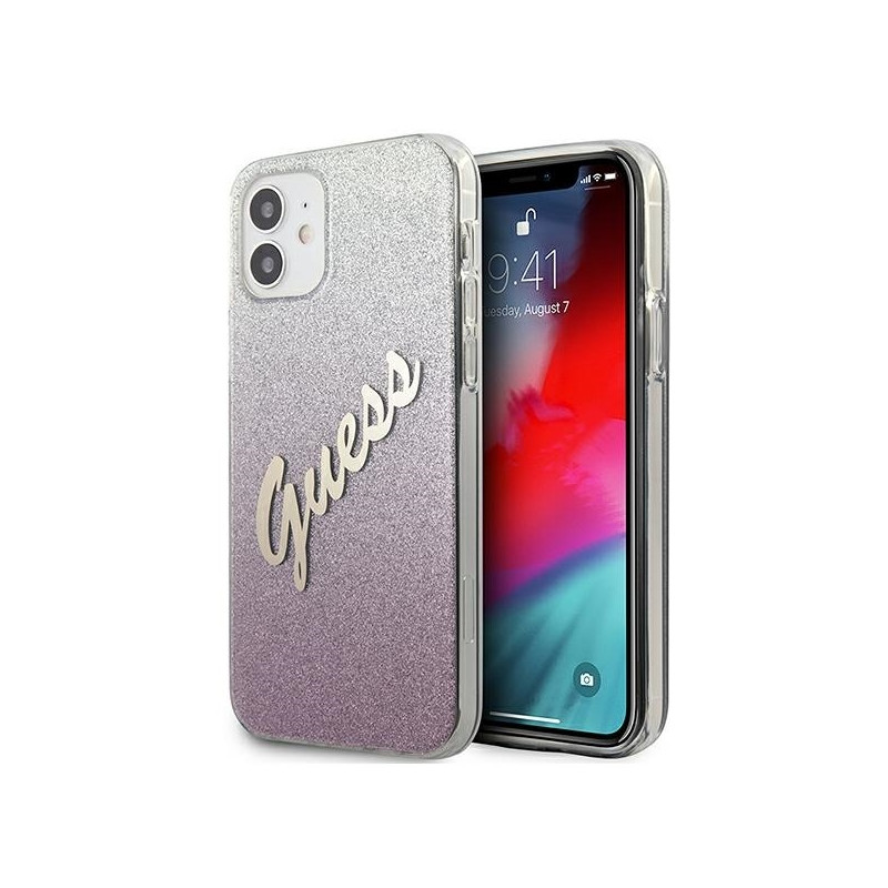 Etui Guess Glitter Gradient Script do iPhone 12 mini, różowy/pink