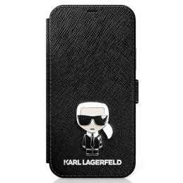 Etui z klapką Karl Lagerfeld Saffiano Ikonik Metal do iPhone 12 mini, czarne