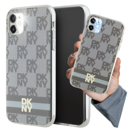 Etui DKNY IML Checkered Mono Pattern & Printed Stripes MagSafe do iPhone 11 / Xr, beżowy/beige