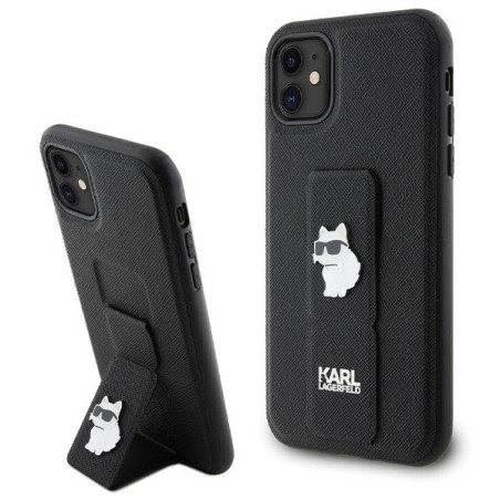 Etui Karl Lagerfeld Gripstand Saffiano Choupette Pins do iPhone 11 / Xr, czarne