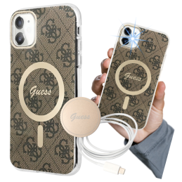 Zestaw Guess 4G Print MagSafe Etui + Ładowarka do iPhone 11, brązowy/brown