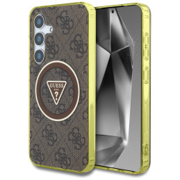 Etui Guess 4G Glitter Triangle Buttons do MagSafe do Galaxy S25, brązowe