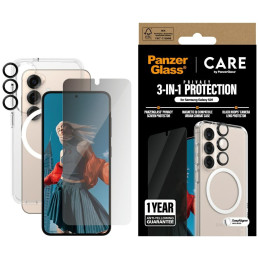 Etui ze szkłem prywatyzującym na ekran i aparat CARE by PanzerGlass Flagship 3in1 Privacy do Galaxy S25, przezroczyste