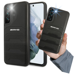 Etui AMG Leather Debossed Lines Black Logo do Galaxy S22+, czarne